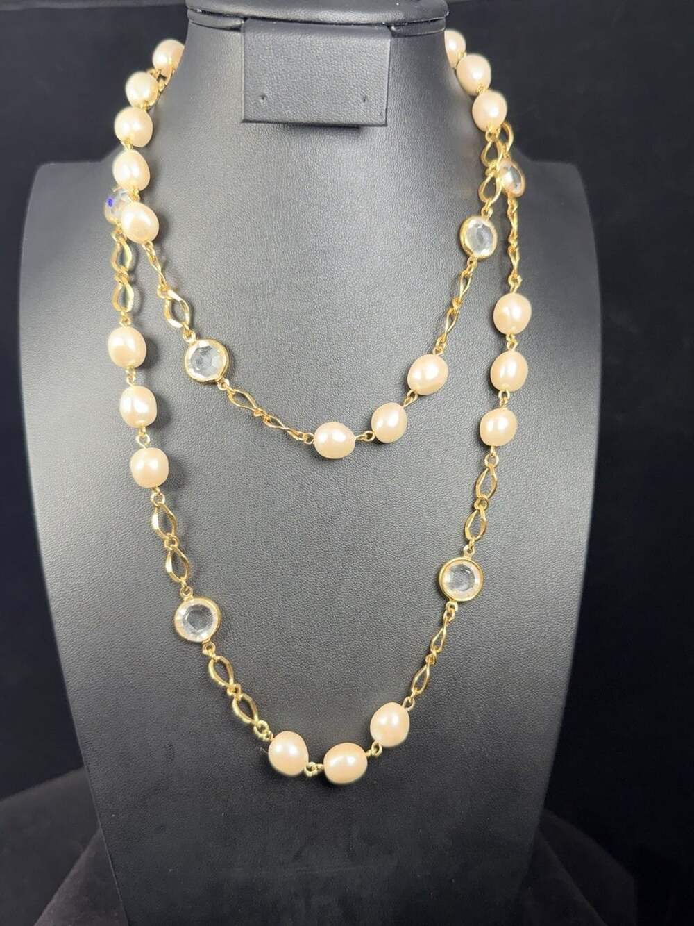 Vintage Faux Pearl Station Chain Necklace Bezel Set Crystal Drop Accents Gold